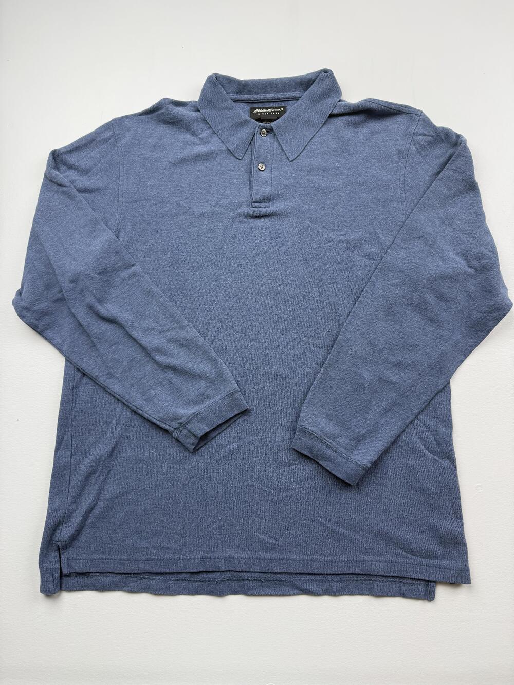 Eddie Bauer Polo Shirt Mens LT Tall Blue Solid Long Sleeve Cotton Casual Knit